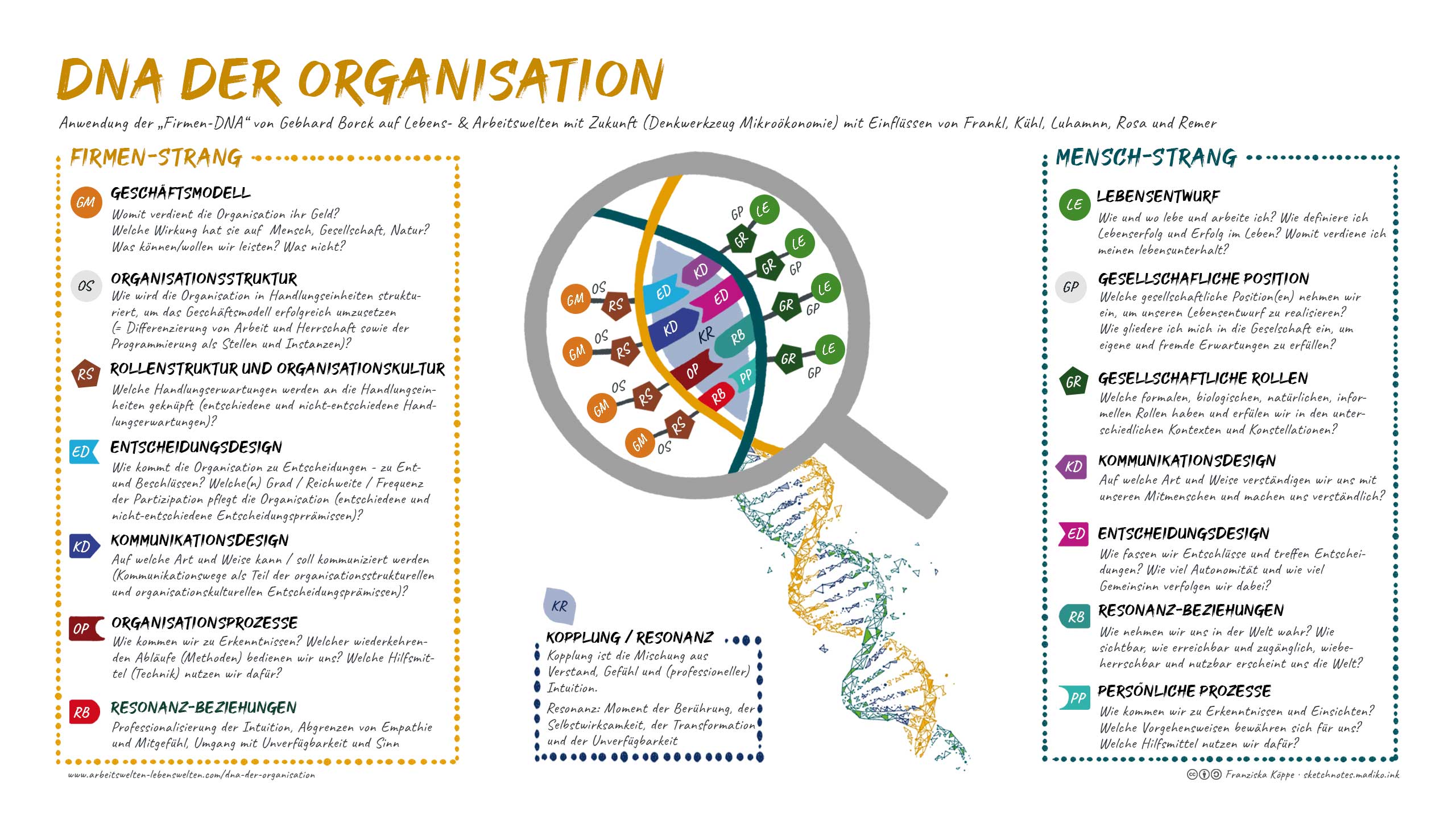 DNA der Organisation // Sketchnotes EnjoyWork Arbeitsbuch für Sinnvoll Wirtschaften / Denkwerkzeuge. Bild: cc Franziska Köppe | madiko sketchnotes