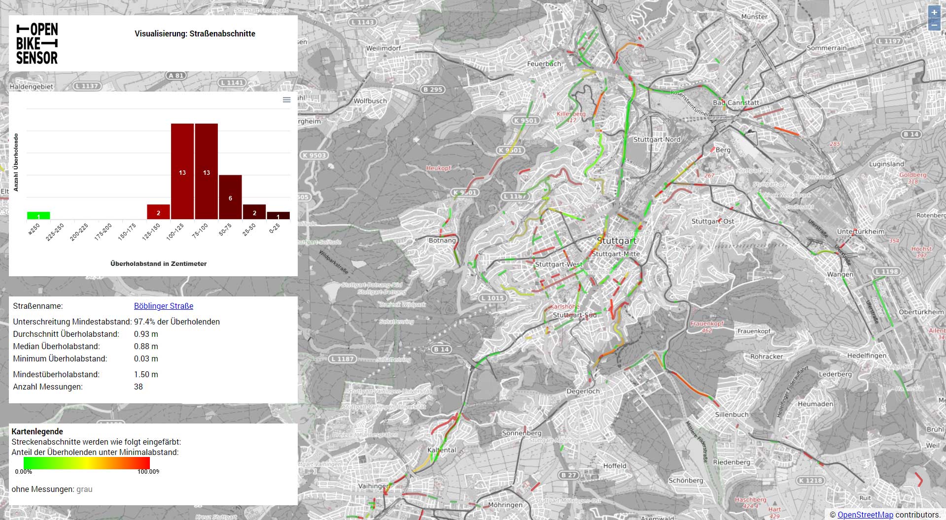 OpenBikeSensor: Heatmap Stuttgart / Status der Entwicklung am 30.12.2020. Bild: copy OpenBikeSensor